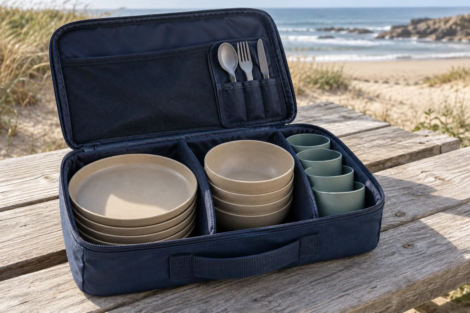 Stackable Dinnerware Pack-Out Review Stackable camping dinnerware packed in a divided coastal carry case
