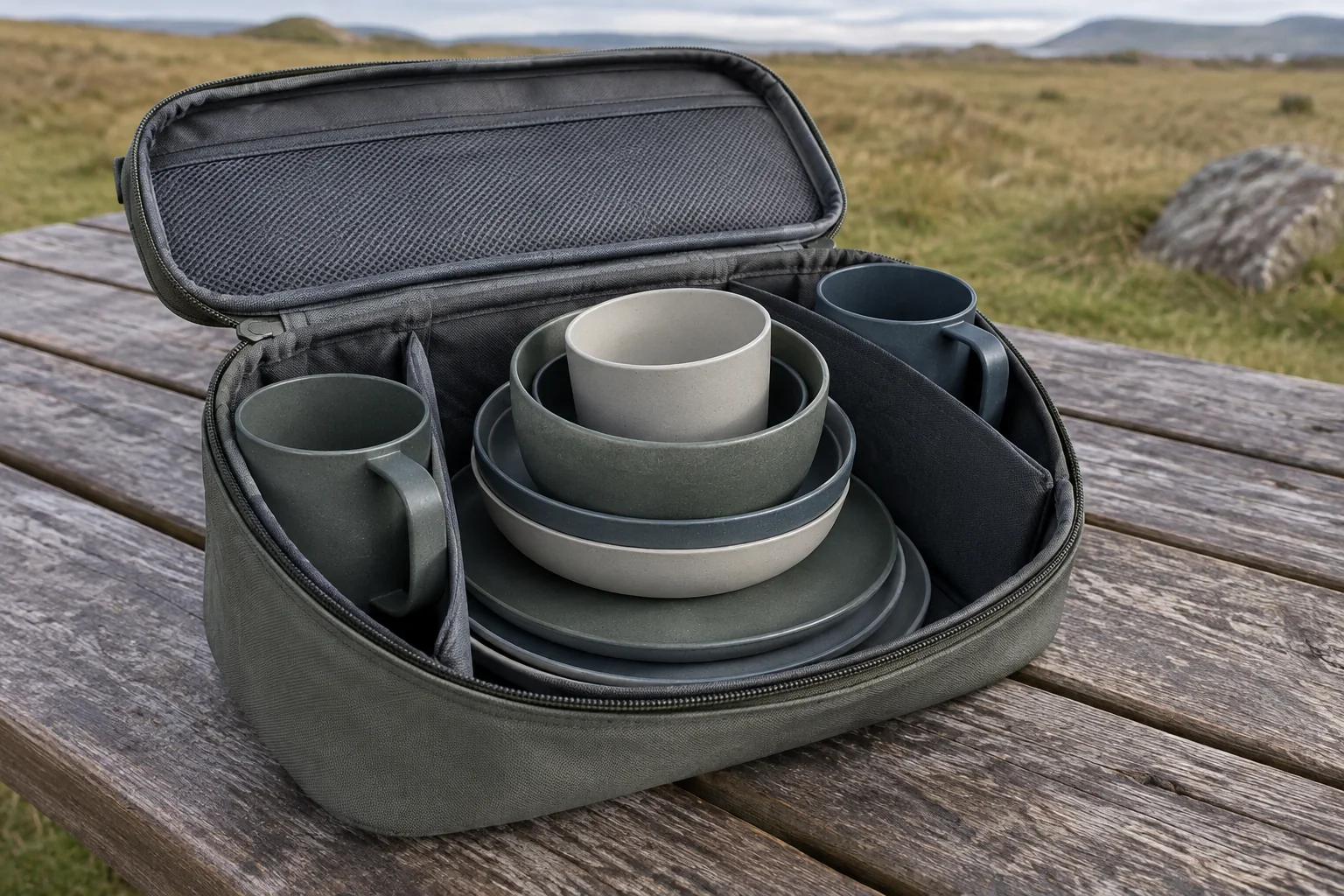 Camping Cup Storage Interference Review Handled camping cups in edge slots and handleless cups nested within bowls in a carry case
