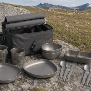 Custom titanium trail dining set with carry bag at an alpine meadow