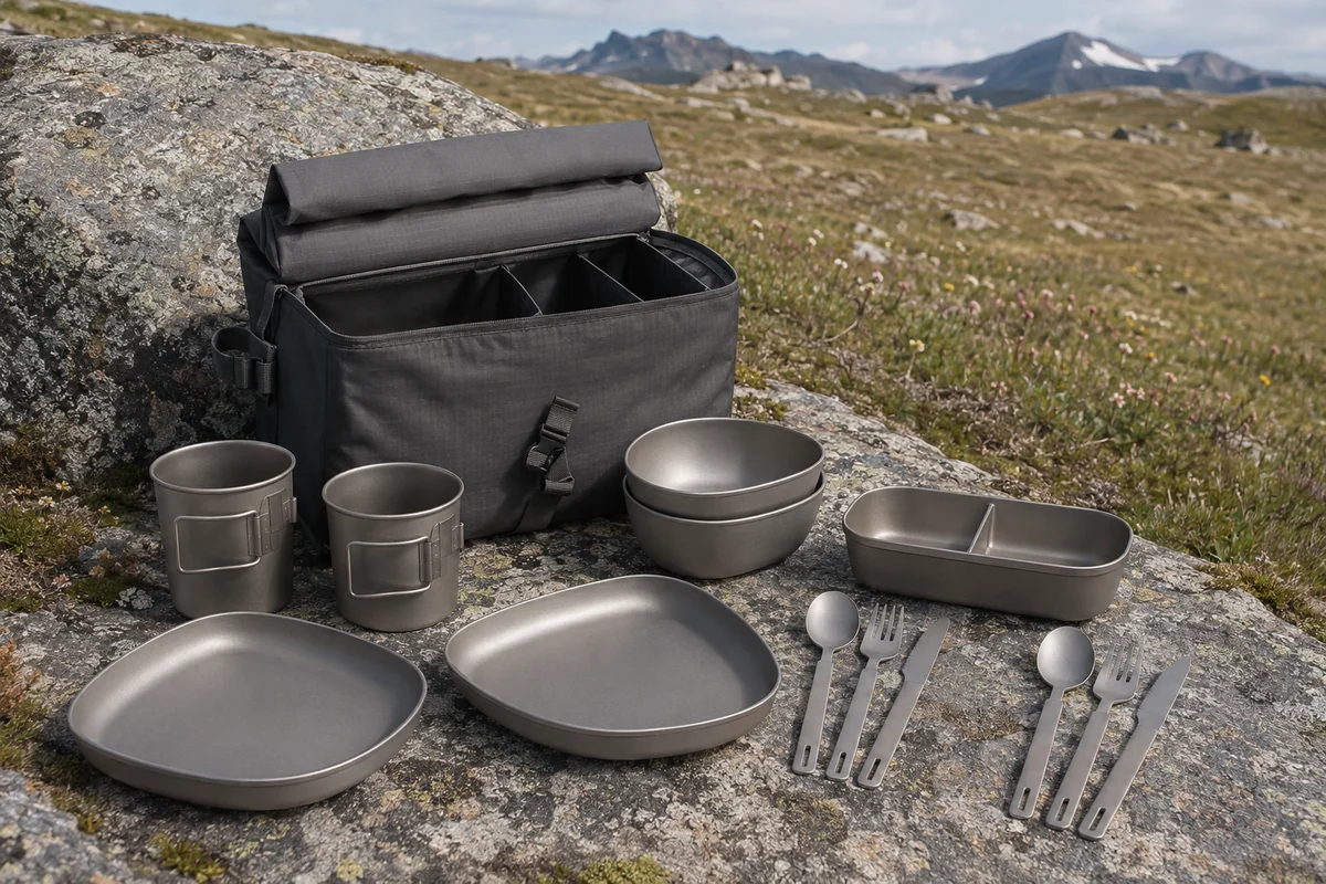 Custom titanium trail dining set with carry bag at an alpine meadow