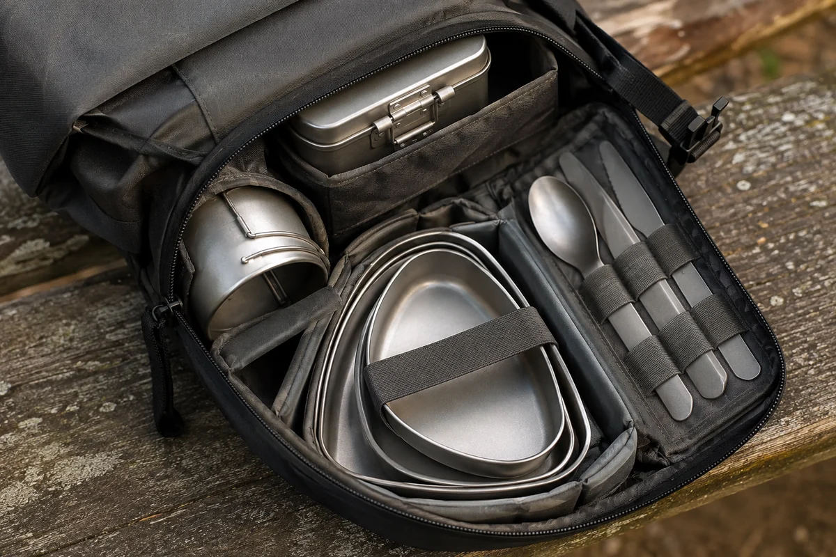 Titanium Trail Set Carry and Nesting Detail Close view of titanium trail dining set nesting and carry bag retention details