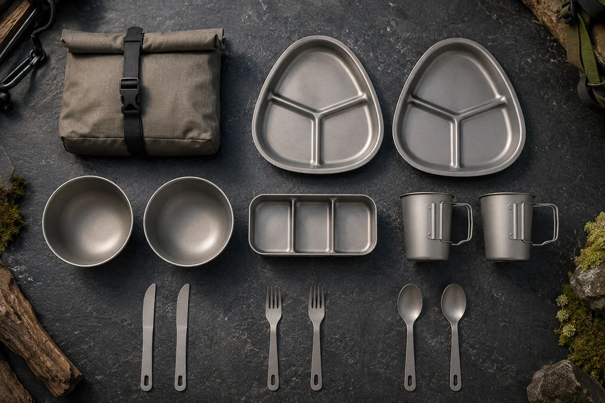 Custom Titanium Trail Dining Set Components Full component layout for a custom titanium trail dining set