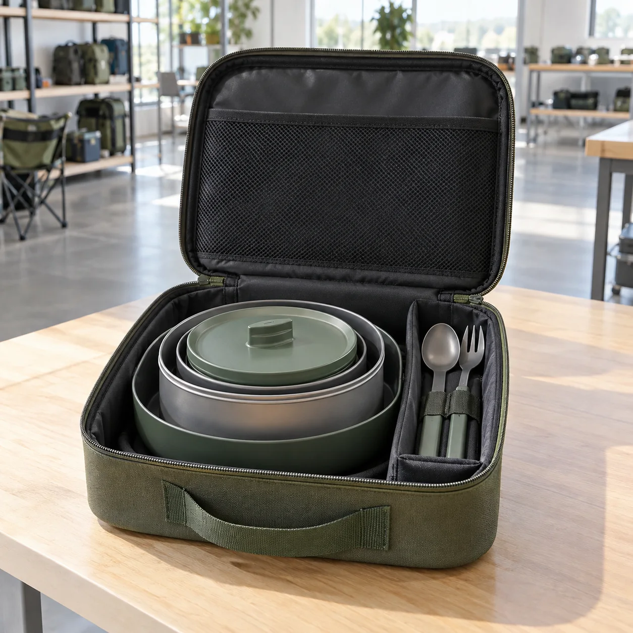 Nested set case clearance review Nested camping dinnerware stack inside an open fitted case showing lid base side and utensil-zone clearances