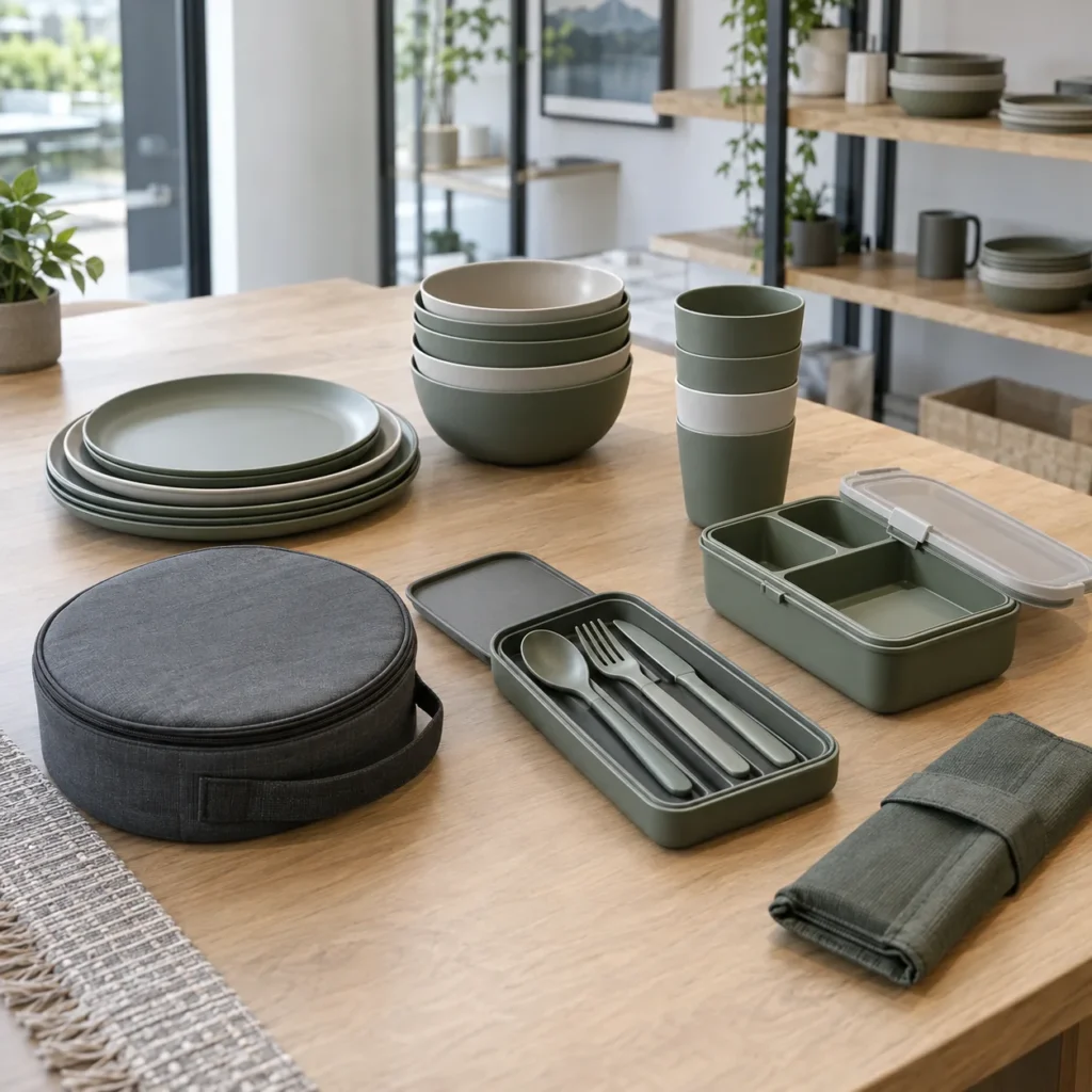Nested tableware tolerance review with plates bowls cups lunch box utensils and carry case arranged for interface inspection