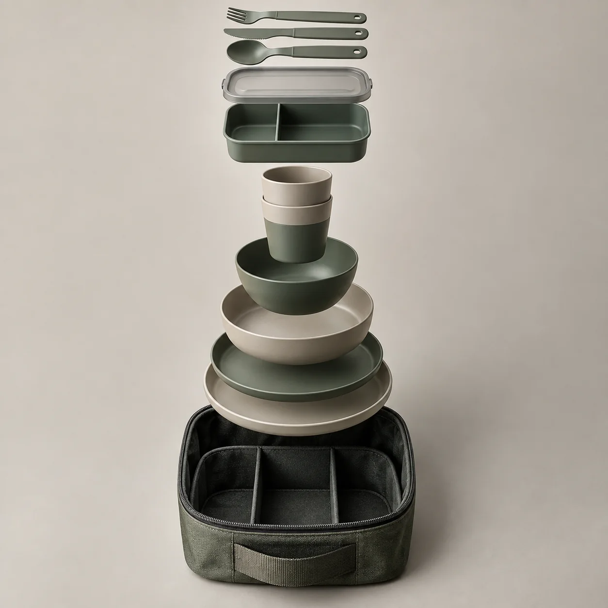 Nested set stack sequence Top-down exploded nesting sequence of plates bowls cups lunch box and utensils above an open carry case