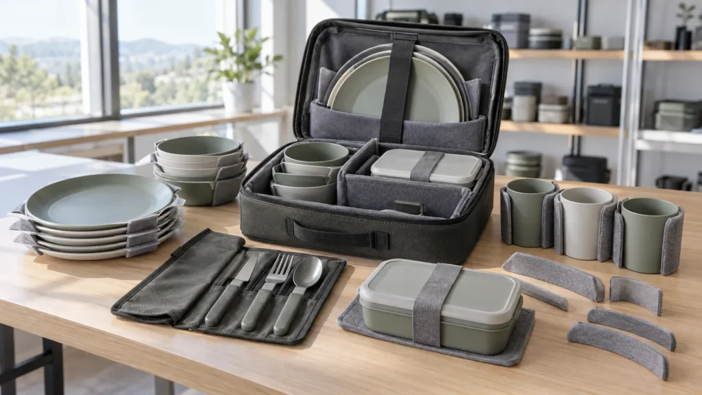 Camping cutlery packing protection review with isolated utensils dividers plates bowls cups and lunch box