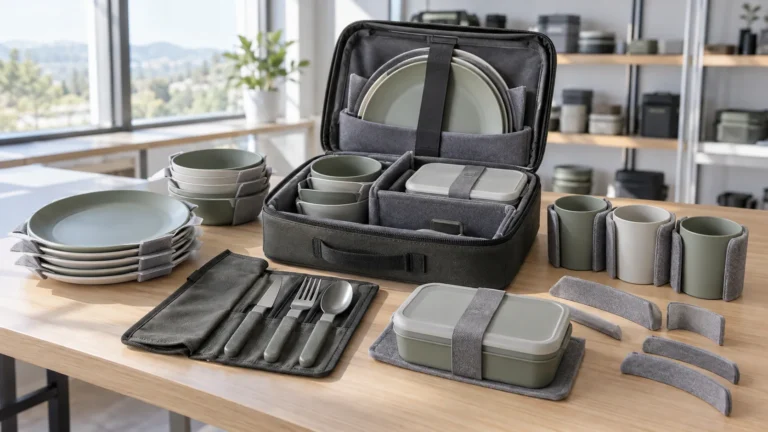 Camping cutlery packing protection review with isolated utensils dividers plates bowls cups and lunch box