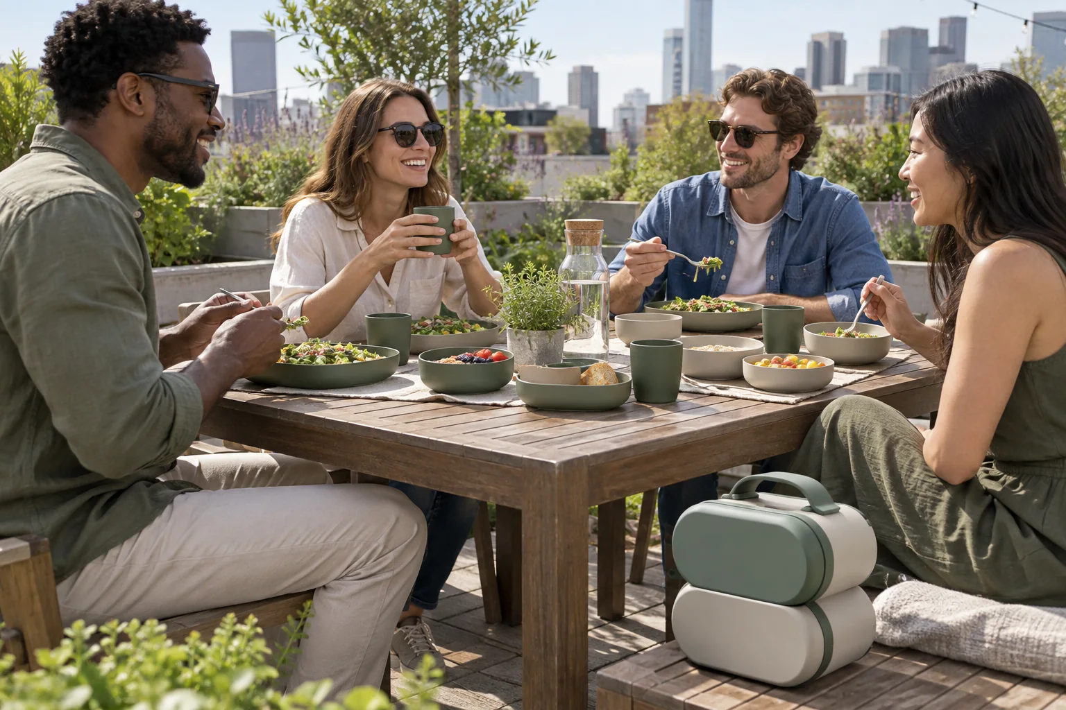 Twin-Pod Outdoor Dining Application Four adults using the twin-pod camping dinnerware set on a rooftop garden