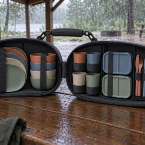 Complete twin-pod camping dinnerware set at a covered rainy campsite