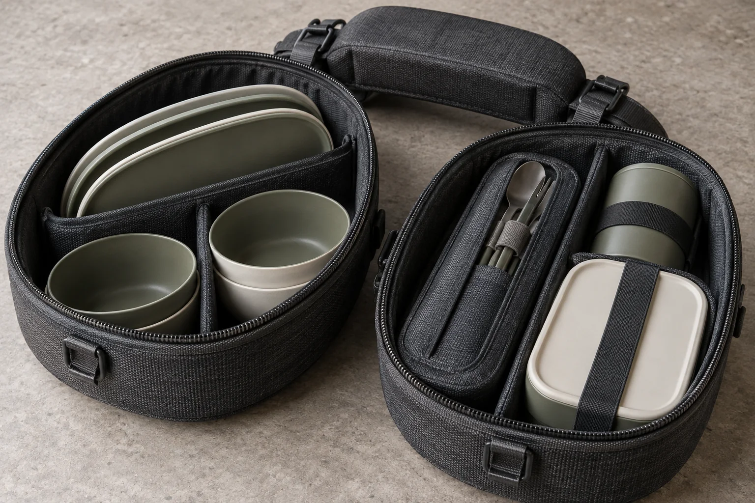 Twin-Pod Storage and Divider Detail Detachable oval camping dinnerware pods with dividers and utensil sleeve