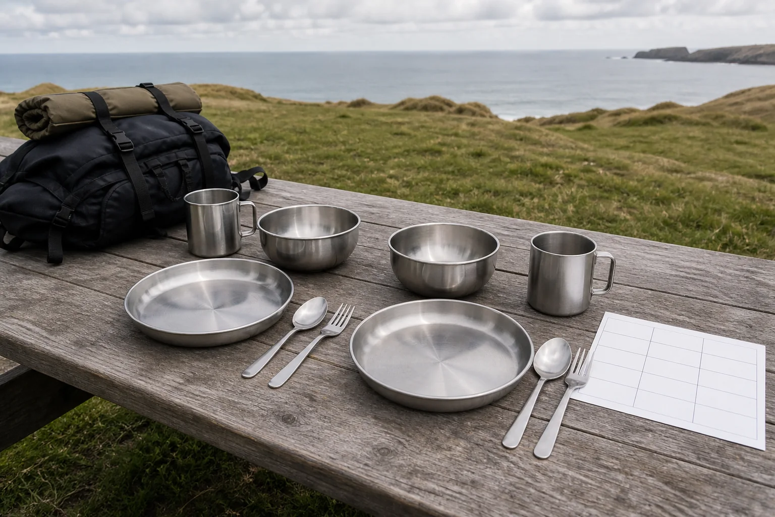 Two-Person Mess Kit Coastal Allocation Review Two-person stainless steel mess kit component allocation on coastal grassland