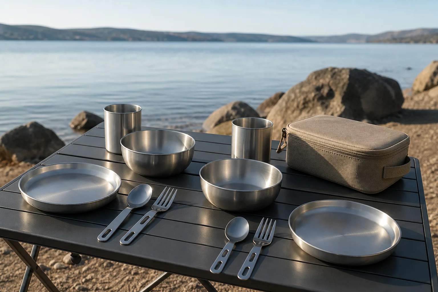 Two-Person Stainless Steel Mess Kit Lakeside Concept Custom two-person stainless steel mess kit concept at a lakeside campsite