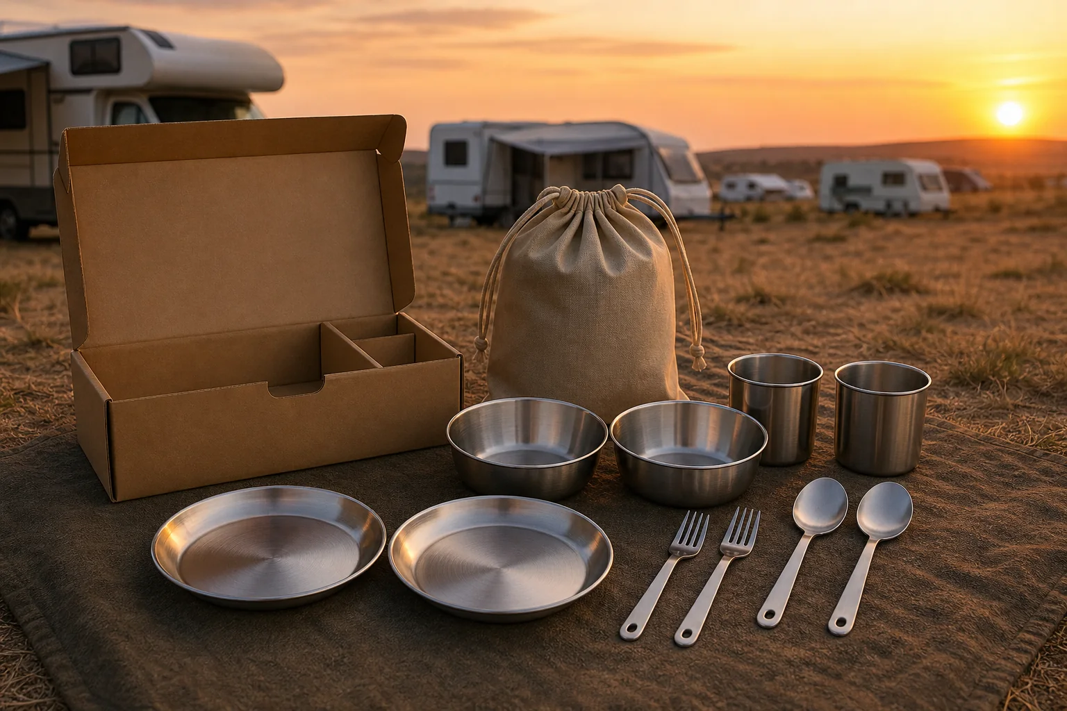 Two-Person Mess Kit RV Packaging Concept Two-person stainless steel mess kit packaging concept at an RV campsite