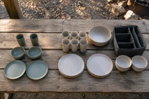 Two-person and larger group camping dinnerware components compared on a wooden review table