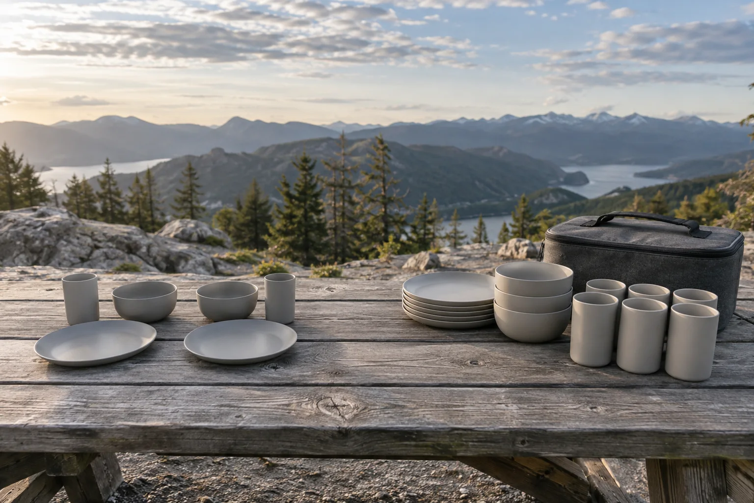 Camping Set Group Size Comparison Small and larger camping dinnerware arrangements on a table at a rocky overlook