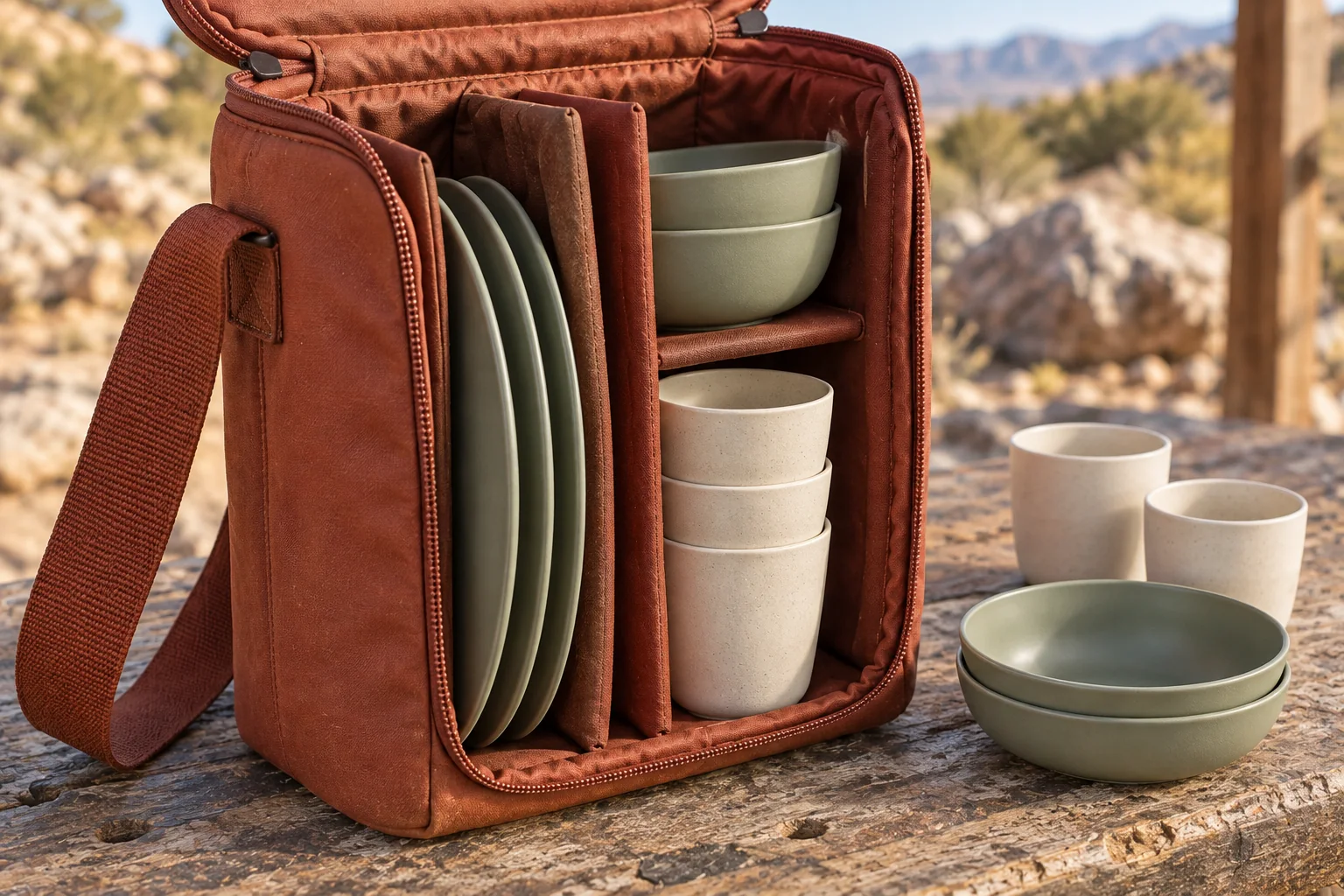 Upright sleeve carry-case structure detail Concept close view of the terracotta upright shoulder case with vertical round-plate sleeves, bowl and cup zones, zipper and strap seam
