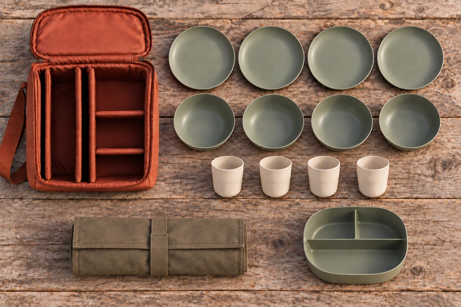 Upright-sleeve camping dinnerware configuration Overhead concept with one empty terracotta upright-sleeve case, four round plates, bowls and cups, closed cutlery roll and separate divided food-container candidate