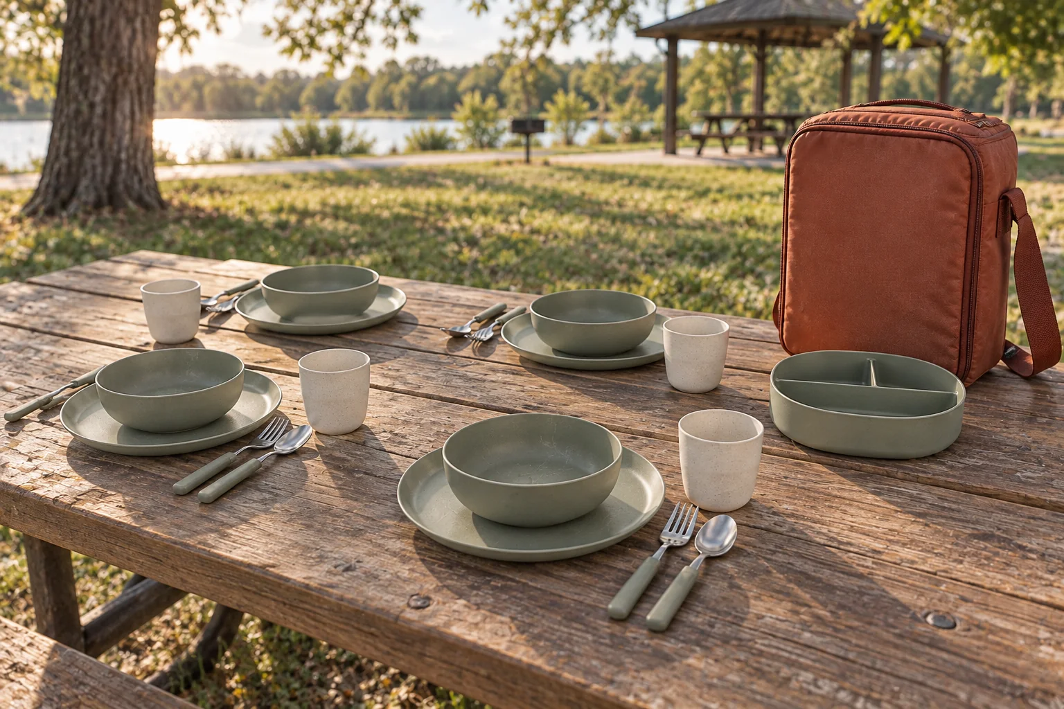 Upright sleeve set outdoor park application concept Four illustrative round sage dinnerware place settings on a park picnic table with cream cups, separate divided container and closed terracotta shoulder case