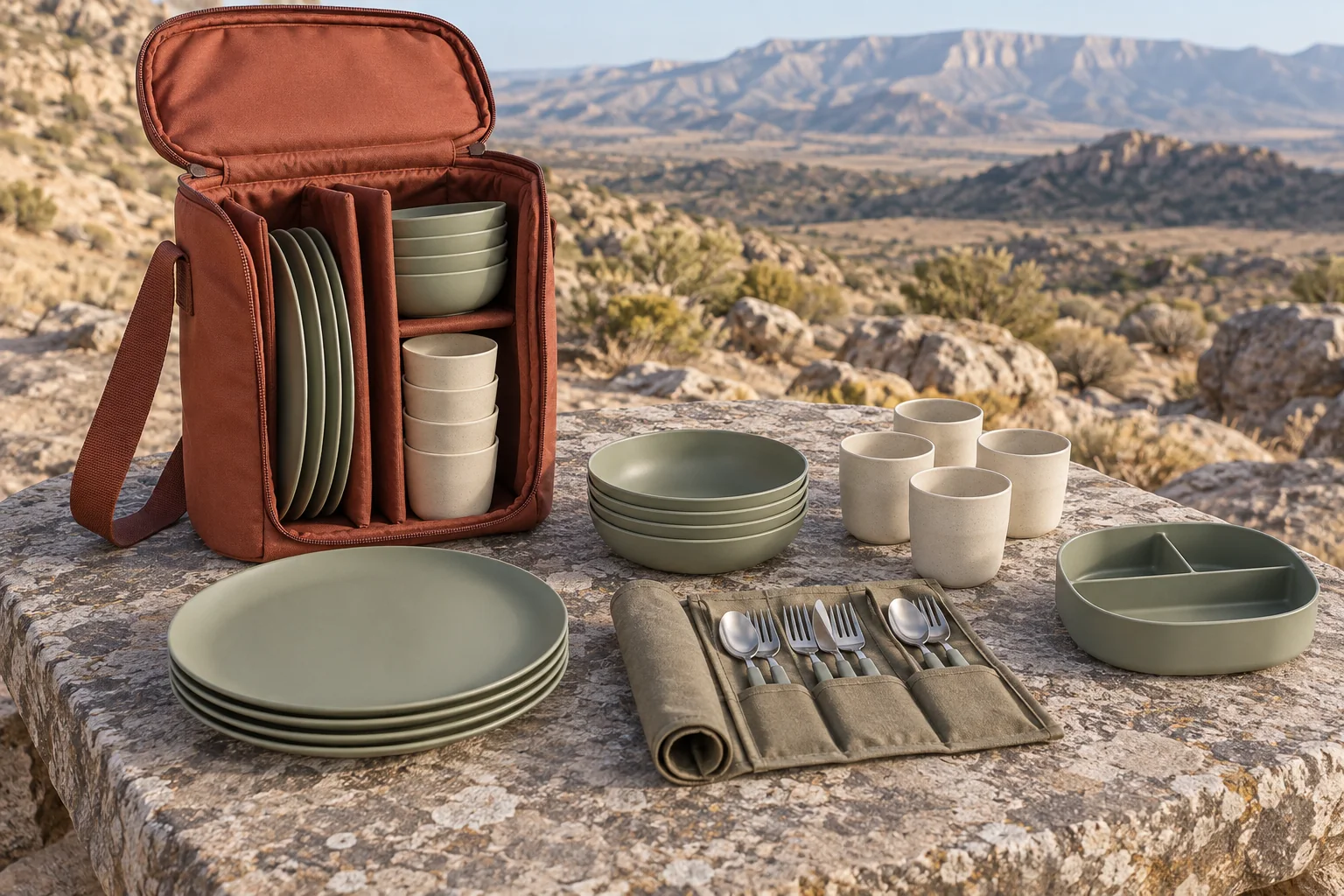 Upright sleeve camping dinnerware set concept with terracotta vertical shoulder case, round sage plates and bowls, cups, cutlery roll and divided container on a rocky plateau table
