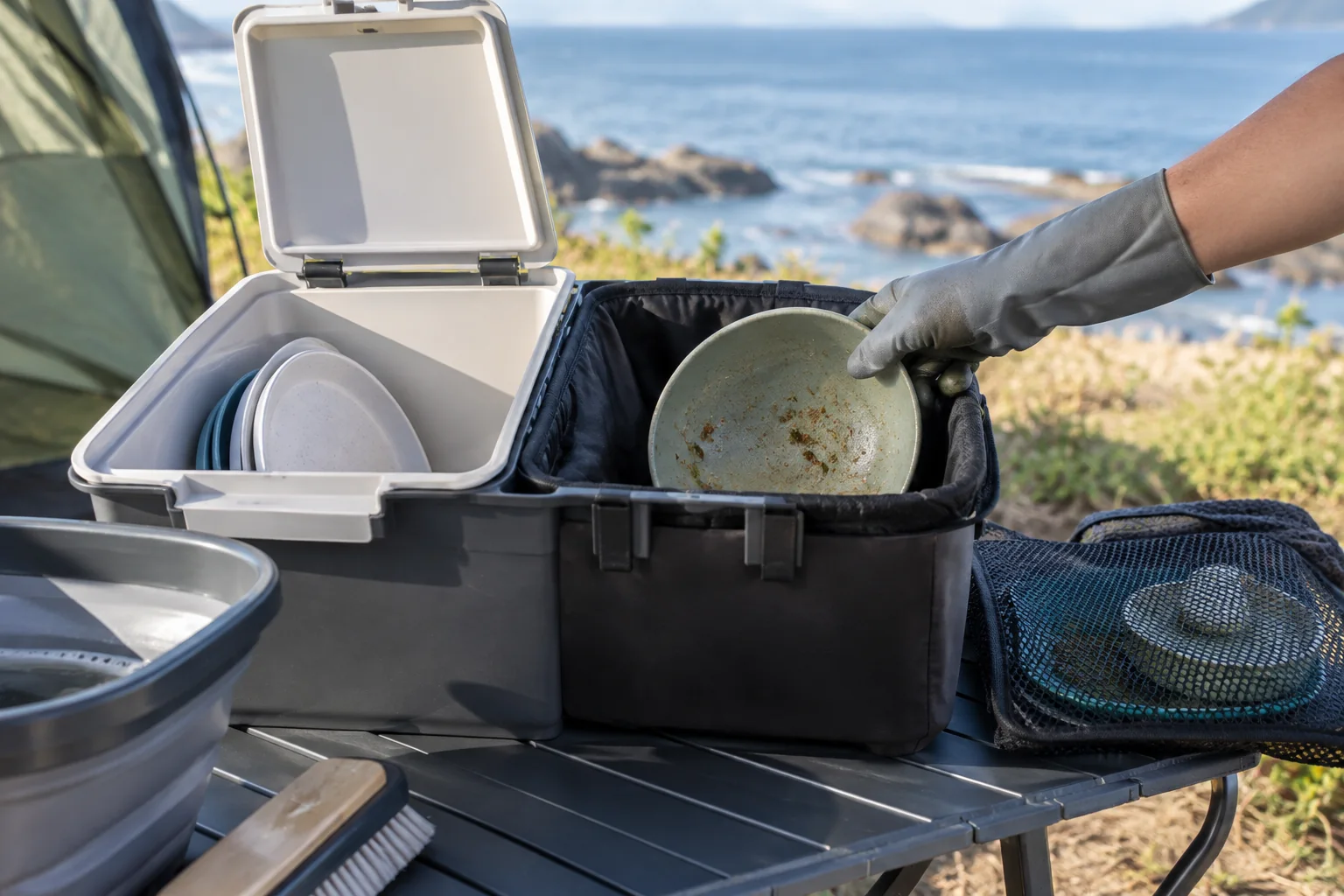 Used dinnerware handoff to removable return liner Gloved hand placing a used outdoor bowl into a removable dark return liner beside an isolated clean compartment