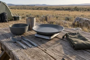 Camping plate on a small scale beside bowl cup utensils and pouch at an open grassland campsite