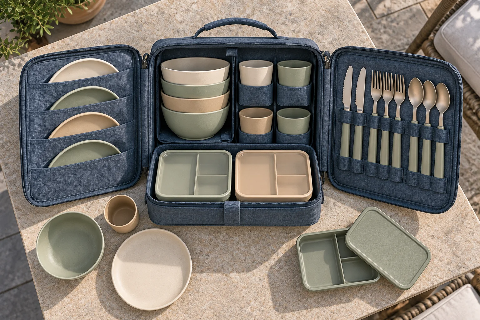 Wing-Panel Set Reference Configuration Wing-Panel camping dinnerware set opened for a top-down configuration review