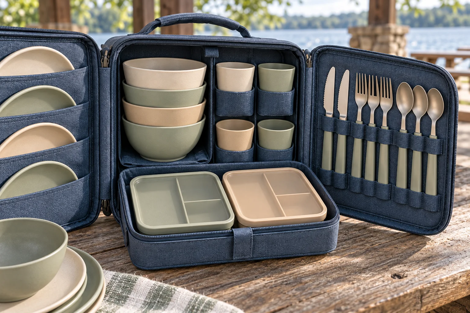 Wing-Panel Storage Architecture Detail Wing-Panel carry case showing plate sleeves utensil retention cups bowls and lunch boxes