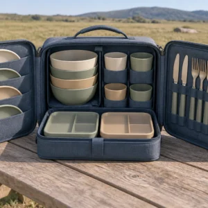 Complete Wing-Panel family camping dinnerware set at an open grassland campsite