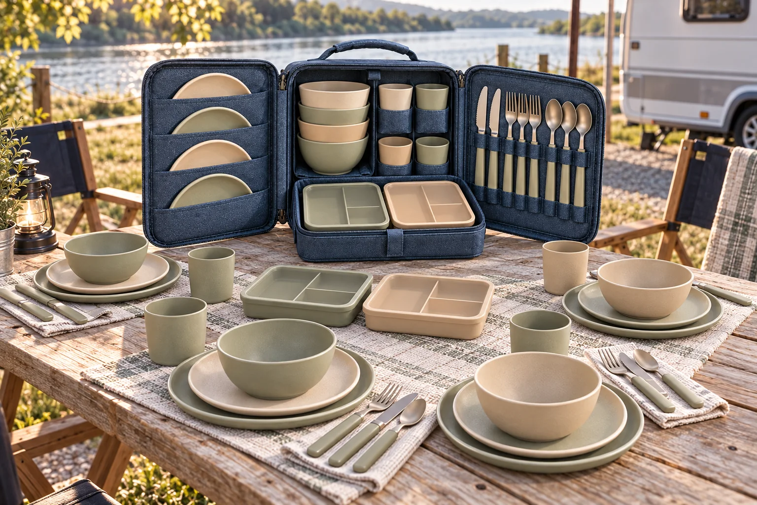 Wing-Panel Outdoor Application Wing-Panel camping dinnerware set arranged for four places at a riverside caravan site