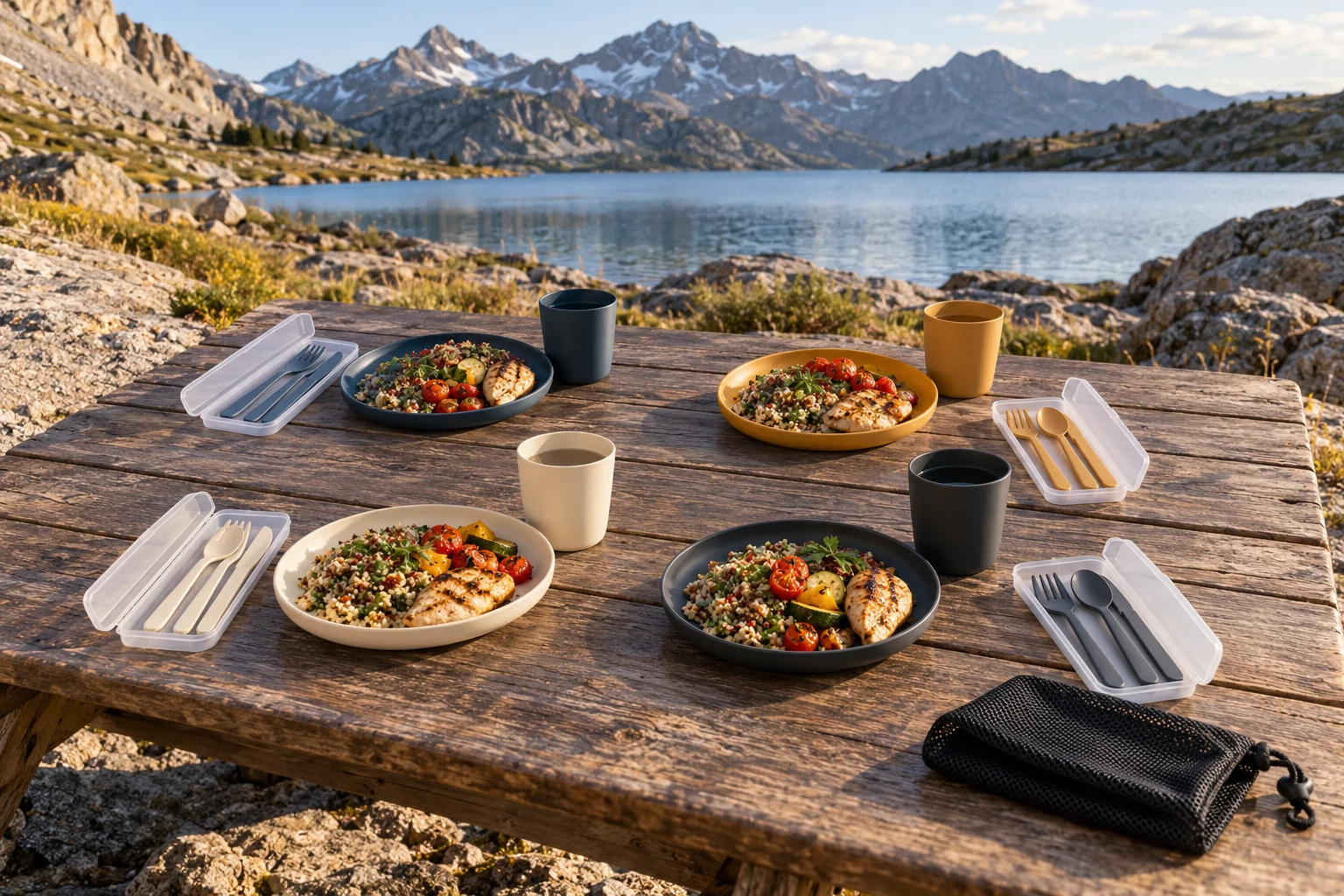 Four-Person Camping Dinnerware Application Concept Four-person PP camping dinnerware set concept in alpine use