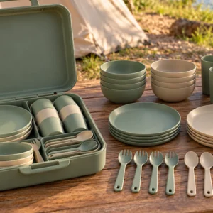 22-piece PP camping dinnerware set concept arranged at a campsite