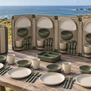 Accordion-Pocket four-person camping dinnerware set concept on a coastal grassland table