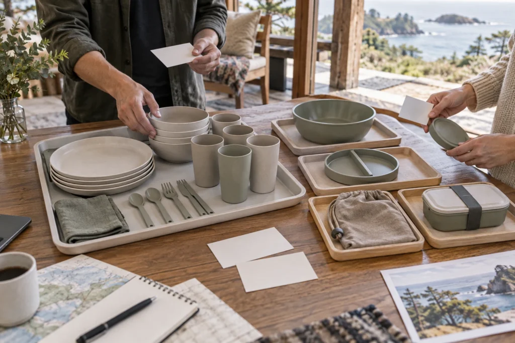 Camping dinnerware add on bundles sorted between a complete base set and separate accessory trays