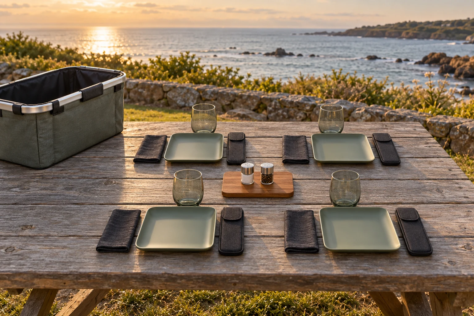 Aluminum-Frame Picnic Basket Coastal Use Concept Four-person aluminum-frame picnic basket set concept at a coastal park