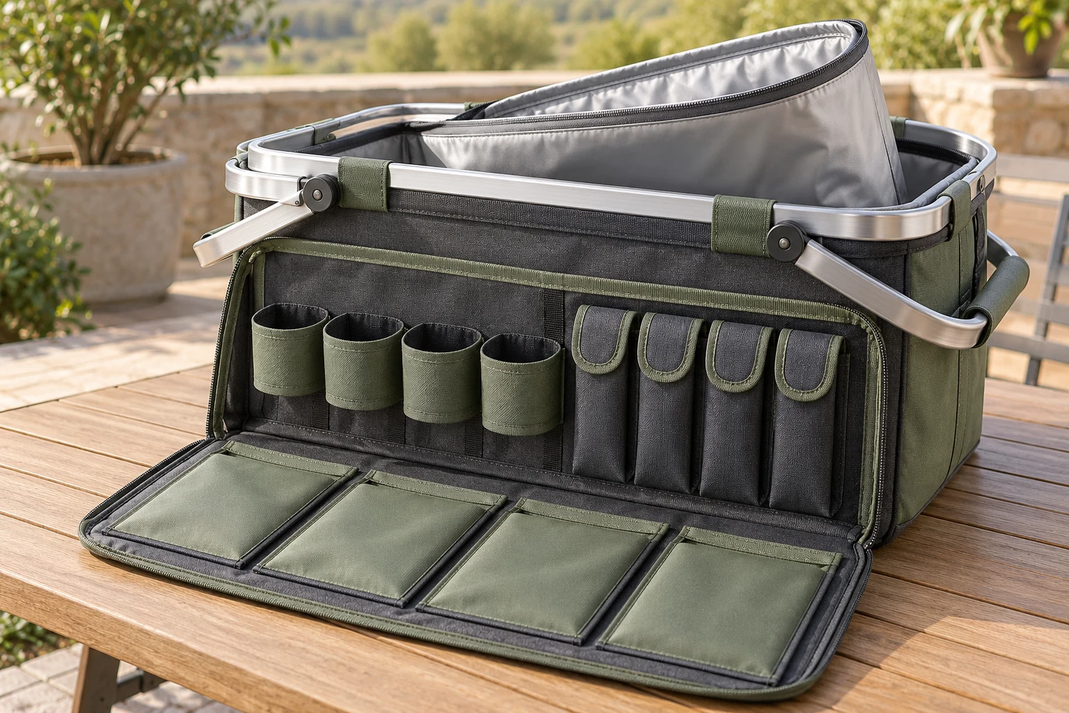 Aluminum-Frame Basket Construction Detail Concept Aluminum-frame picnic basket removable liner and organizer detail concept