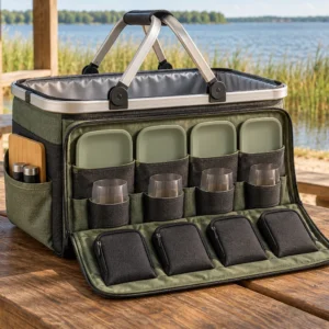 Aluminum-frame picnic basket dinnerware set concept at a lakeside shelter
