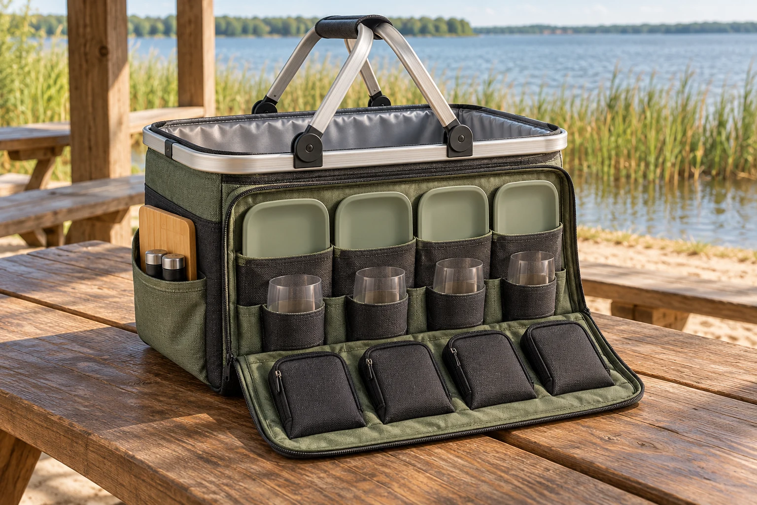 Aluminum-Frame Picnic Basket Dinnerware Concept Aluminum-frame picnic basket dinnerware set concept at a lakeside shelter