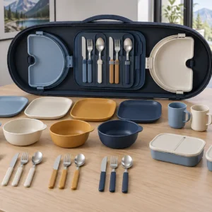 Arc-Bay four-person camping dinnerware set with capsule case crescent trays plates bowls mugs lunch boxes and cutlery in a sample-review room