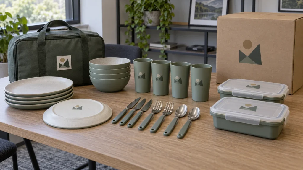 Camping set artwork approval review with carry bag plates bowls cups lunch boxes cutlery and retail carton