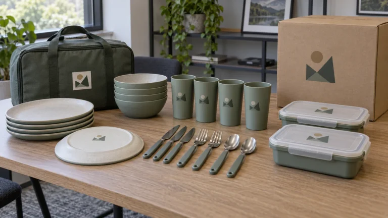 Camping set artwork approval review with carry bag plates bowls cups lunch boxes cutlery and retail carton