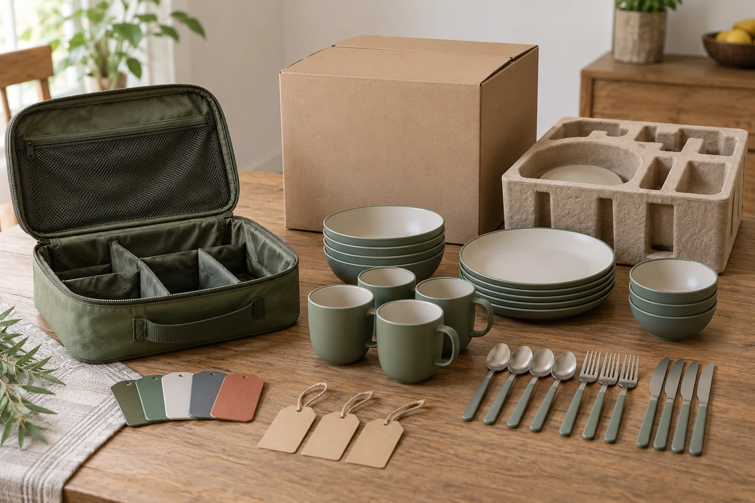 Camping set artwork release package Complete camping dinnerware artwork approval set with bag components packaging and controlled release markers
