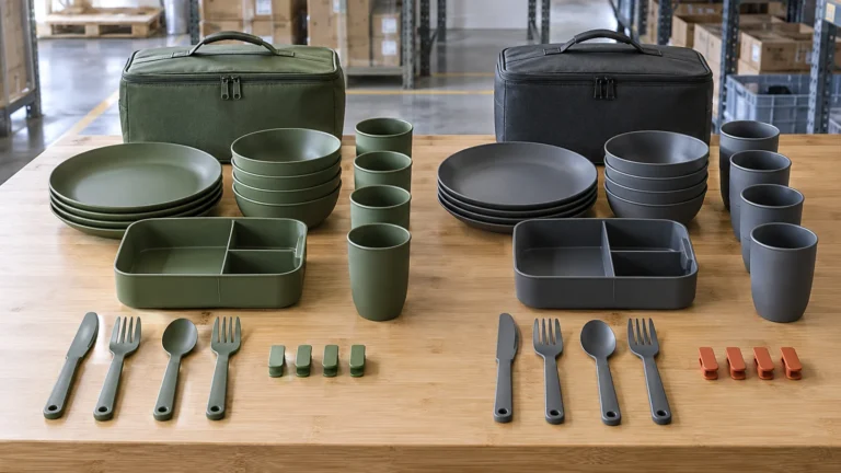 Camping dinnerware BOM revision control with two complete modular set revisions arranged on a warehouse sample table