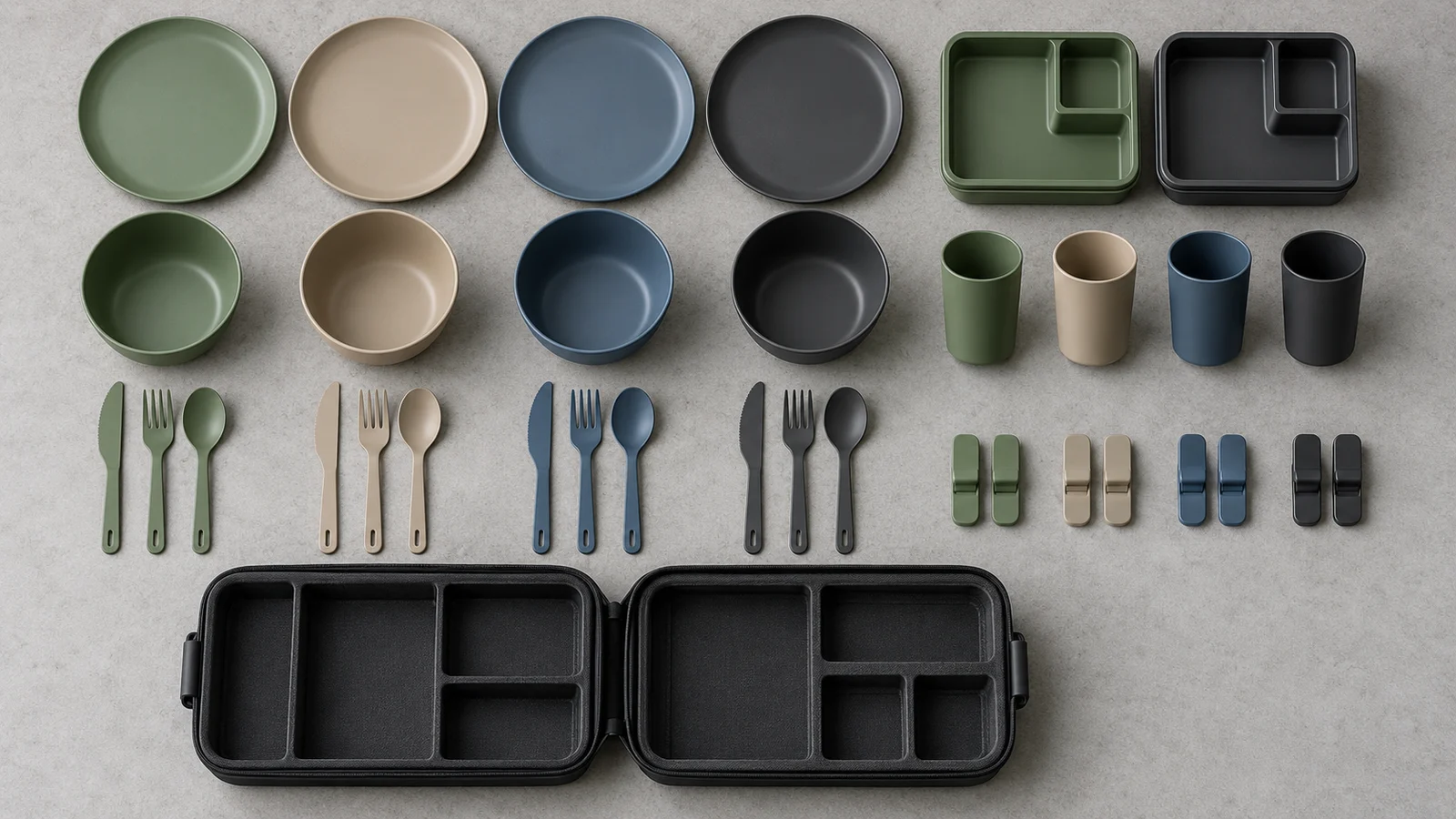 Linked component revision matrix Camping dinnerware components and empty case organized with colored revision clips for a linked revision register