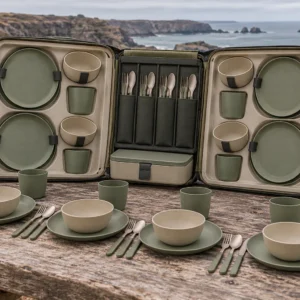 Book-Fold Spine four-person camping dinnerware set concept in an open hinged carry case on a coastal table