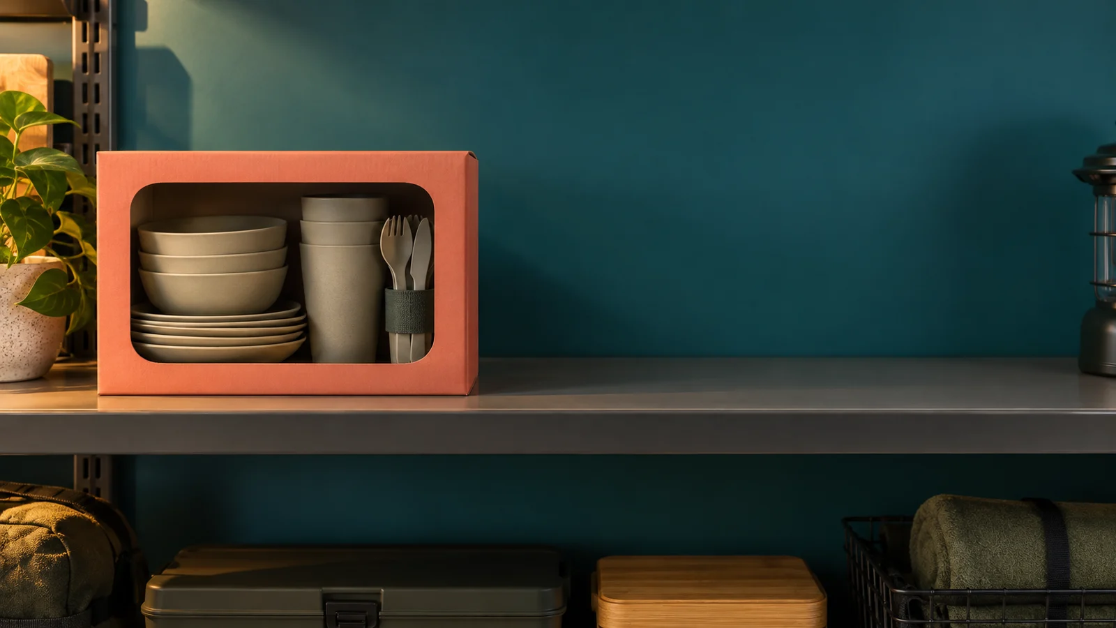 Retail shelf box concept camping dinnerware retail shelf box concept on a store shelf