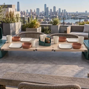 Bridge-Table four-person camping dinnerware set open across a rooftop terrace review table