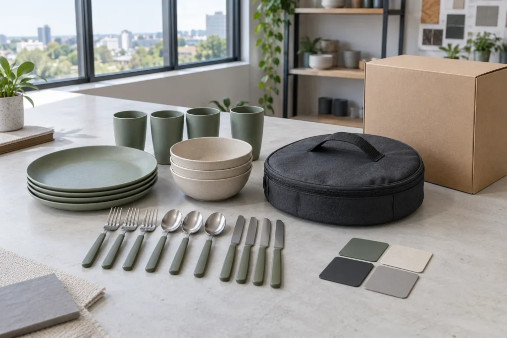 Camping set cost breakdown with dinnerware components case decoration swatches and packaging