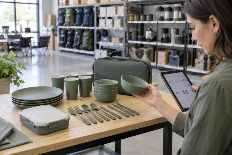 Buyer building a camping dinnerware evidence file around a complete four-person set at a warehouse sample table