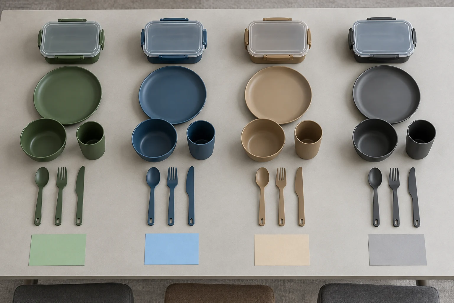 Four camping dinnerware place-setting groups arranged for count verification