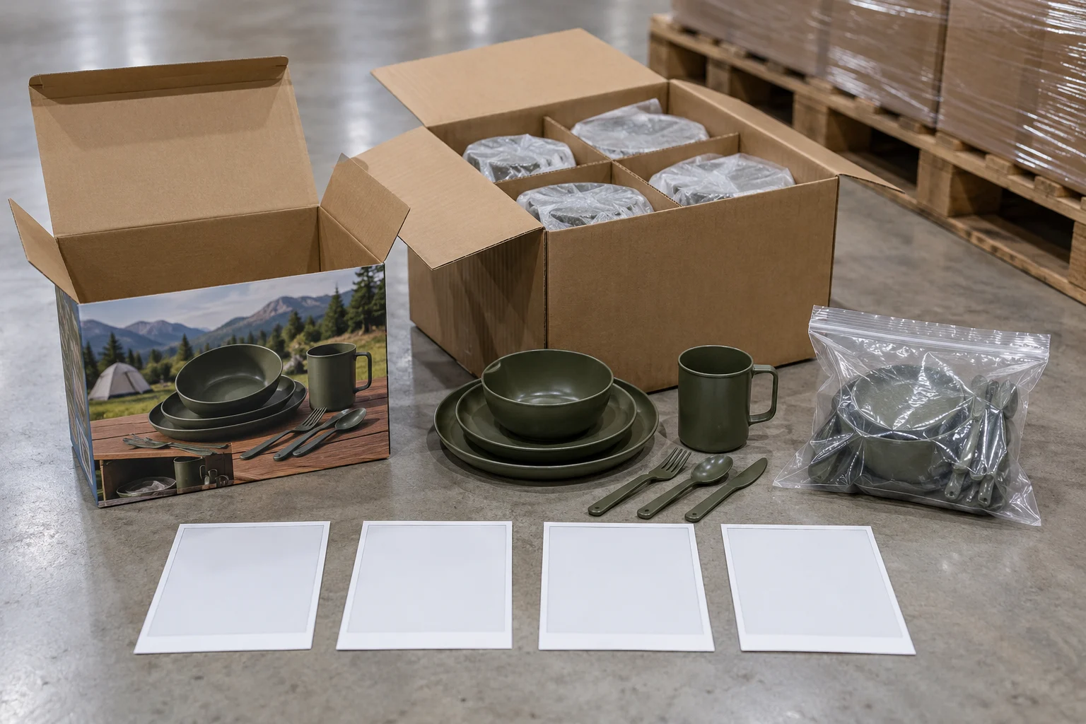 Open cartons dinnerware and blank evidence cards for pack-out release review
